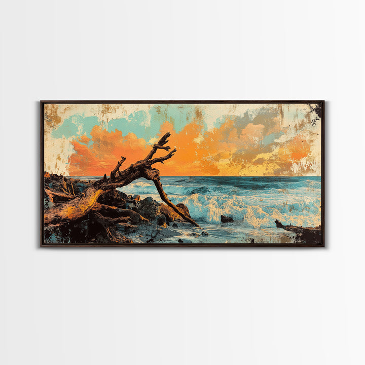 Driftwood Ocean Sunset Seascape Framed Canvas Print, Coastal Wall Art, Beach House Decor, Nautical Living Room Decor, Gift For Her