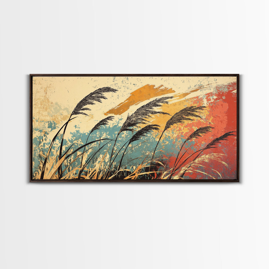 Windblown Reeds In Teal And Rust Wall Art, Japanese Inspired Abstract Landscape, Boho Living Room Decor, Large Canvas Print