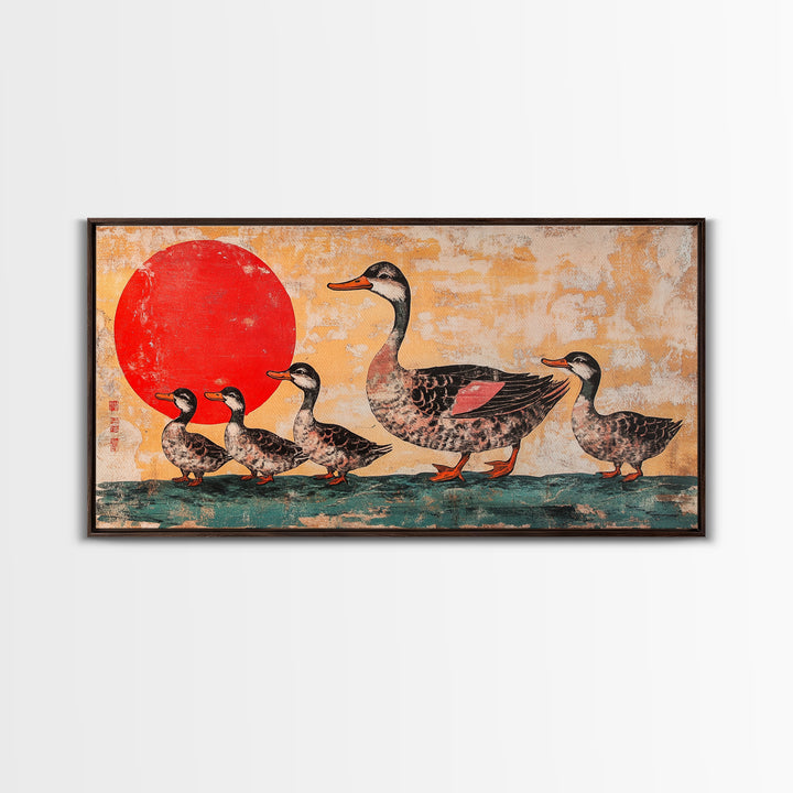 Mallard Duck Family With Red Sun Wall Art, Japanese Bird Art Print, Whimsical Animal Decor, Nursery Or Kitchen Canvas Print