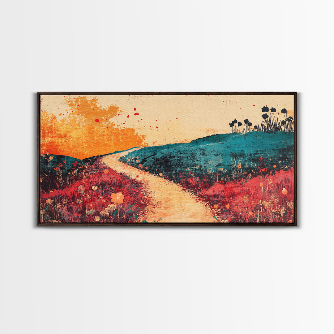 Sunlit Path Through Teal Hills Wall Art, Abstract Landscape Print, Colorful Wildflower Decor, Boho Living Room Canvas Print