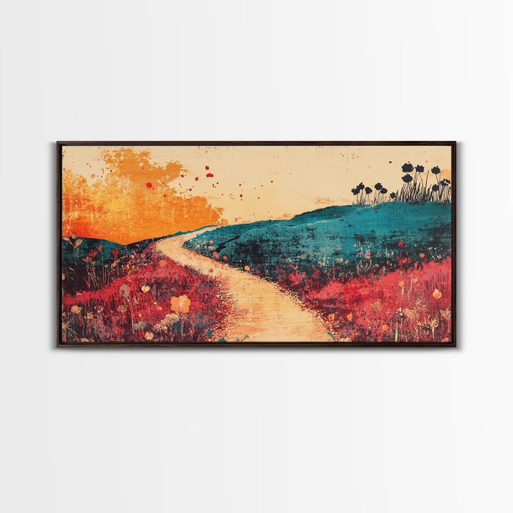 Sunlit Path Through Teal Hills Wall Art, Abstract Landscape Print, Colorful Wildflower Decor, Boho Living Room Canvas Print