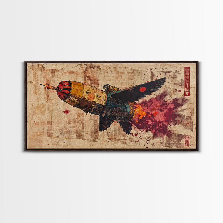 Retro Rocket Bird In Flight Wall Art, Japanese Sci Fi Art Print, Cyberpunk Bird Poster Decor, Futuristic Canvas Print