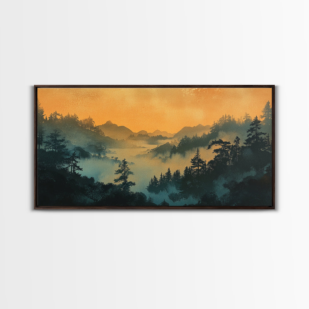 Misty Mountain Forest At Sunrise Wall Art, Japanese Landscape Print, Moody Nature Decor, Serene Bedroom Framed Canvas Print