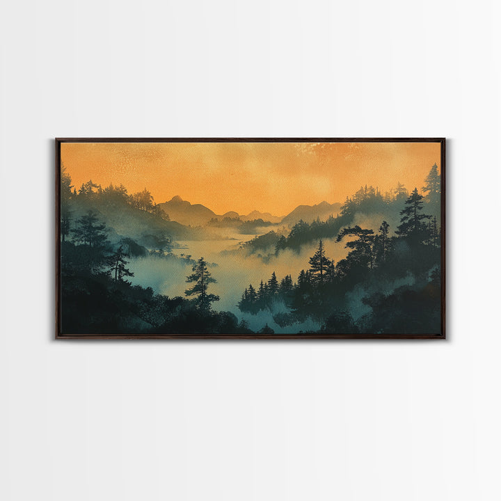 Misty Mountain Forest At Sunrise Wall Art, Japanese Landscape Print, Moody Nature Decor, Serene Bedroom Framed Canvas Print