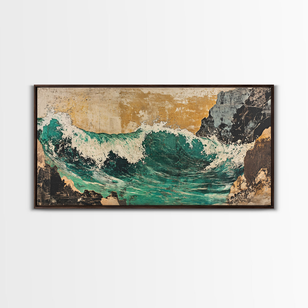 Turquoise Ocean Wave Between Cliffs Wall Art, Japanese Seascape Print, Coastal Beach House Decor, Large Framed Canvas Print