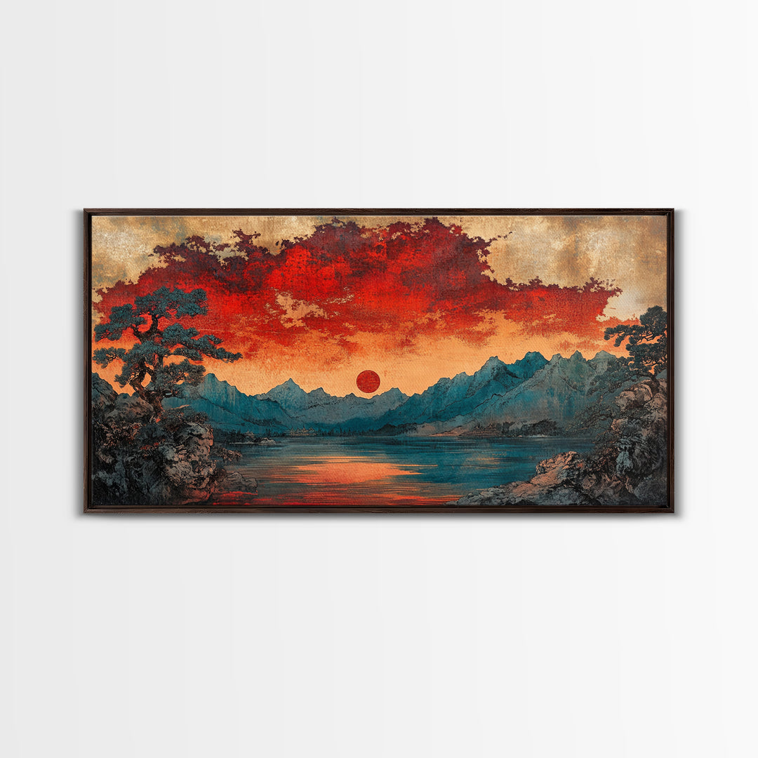 Red Sun Mountain Lake Wall Art, Japanese Landscape Print, Moody Sunset Canvas, Asian Inspired Living Room Home Decor