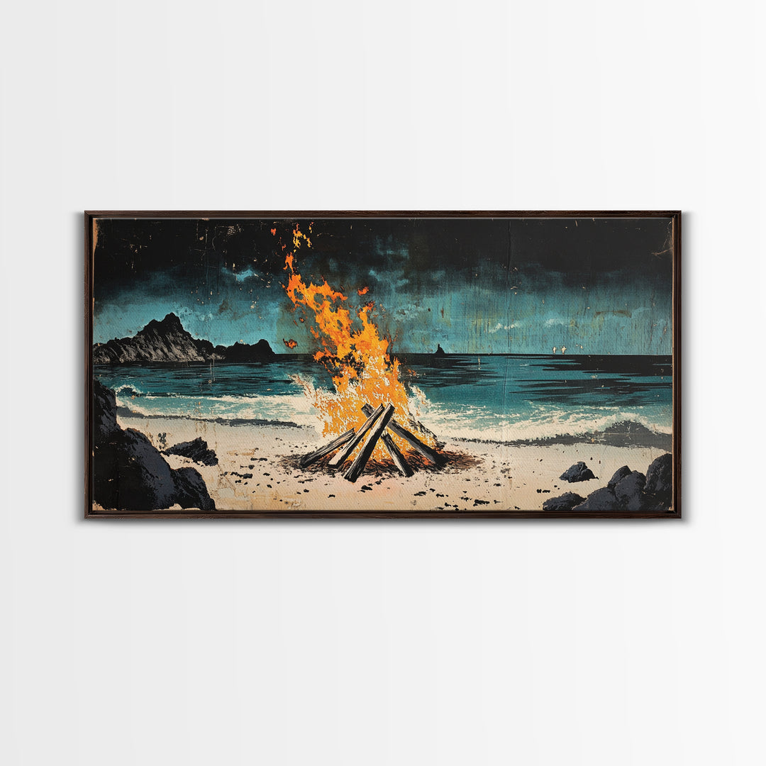 Beach Bonfire Wall Art, Coastal Campfire Canvas Print, Ocean Night Seascape, Rustic Cabin Decor, Man Cave Decor Home Decor Gift