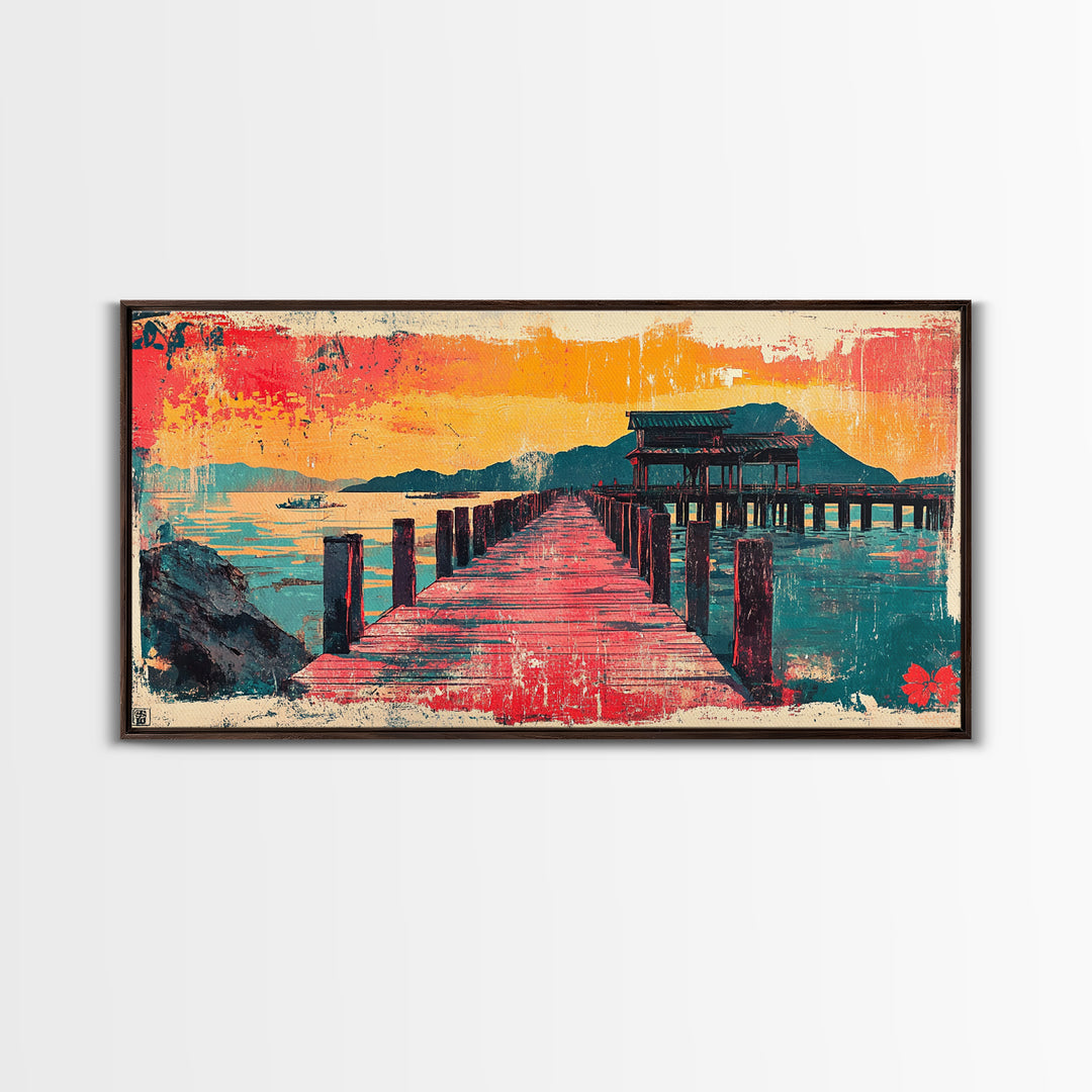 Red Pier Sunset Wall Art, Japanese Coastal Landscape Print, Teal Ocean Canvas, Asian Inspired Home Decor For Living Room