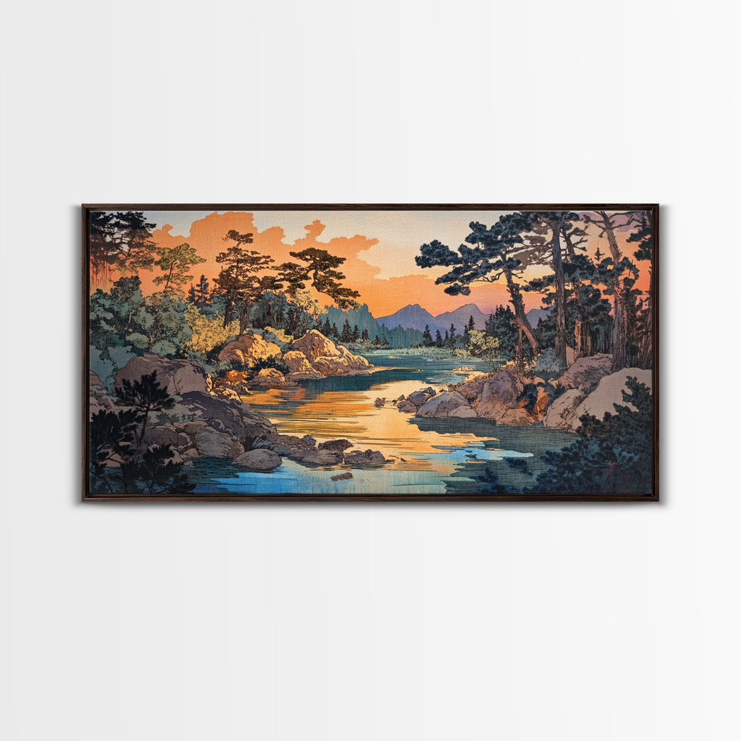 Golden River Forest Wall Art, Japanese Landscape Print, Pine Woodland Canvas, Nature Inspired Living Room Home Decor Gift
