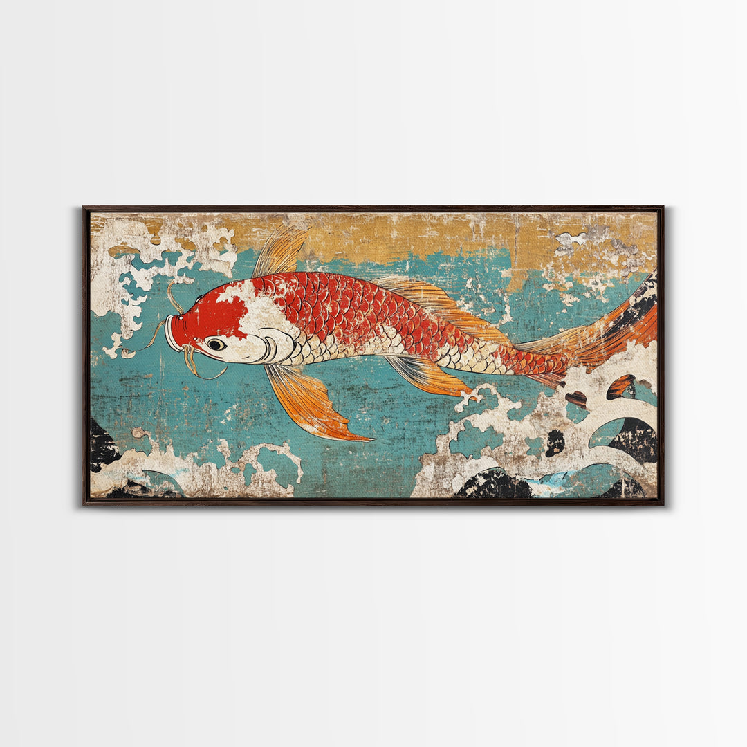Red Koi Fish In Turquoise Waves Canvas Print, Japanese Wall Art, Coastal Decor, Nautical Home Decor, Large Living Room Art