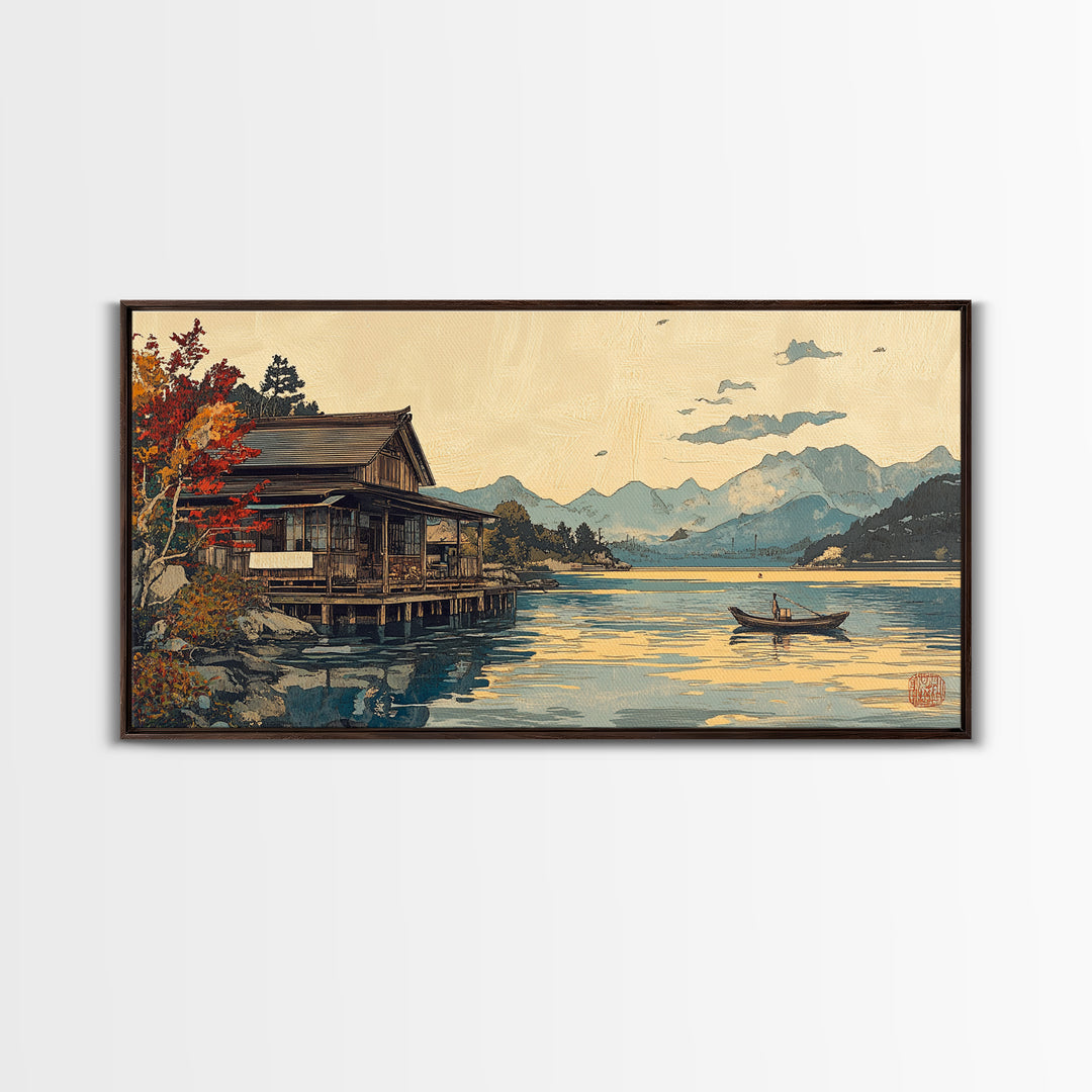 Japanese Lakeside Cabin With Boat Framed Canvas Print, Mountain Landscape Wall Art, Japandi Decor, Serene Living Room Decor