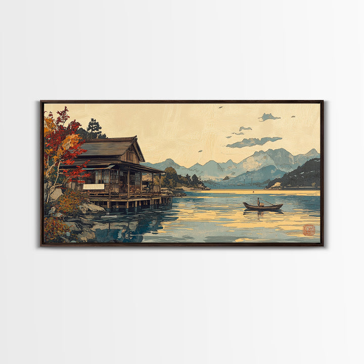 Japanese Lakeside Cabin With Boat Framed Canvas Print, Mountain Landscape Wall Art, Japandi Decor, Serene Living Room Decor