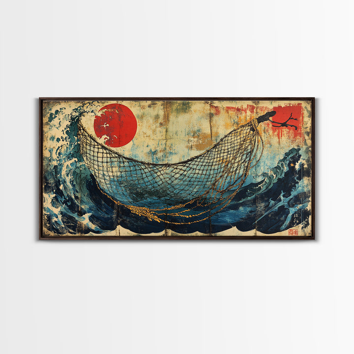 Fishing Net Over Stormy Blue Waves Canvas Print, Japanese Seascape Wall Art, Nautical Decor, Coastal Living Room Art