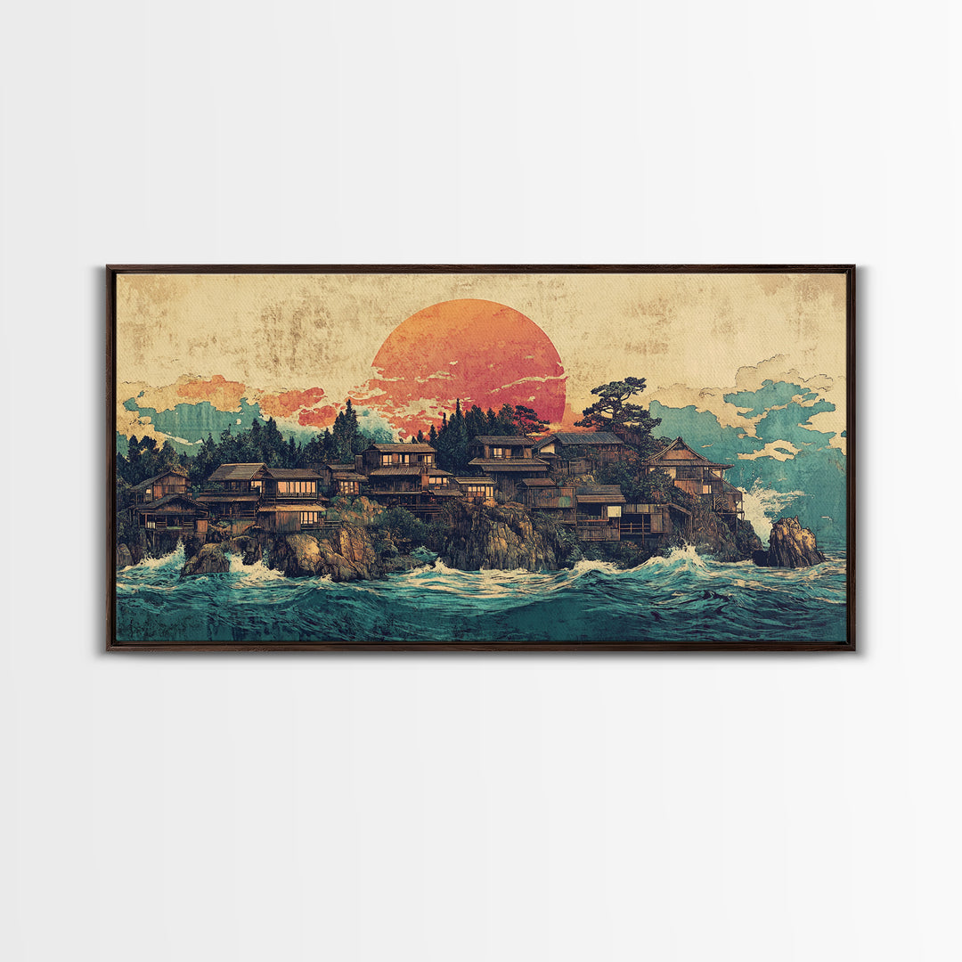 Japanese Coastal Village At Sunset Canvas Print, Ocean Wall Art, Seascape Decor, Japandi Living Room Wall Decor Gift