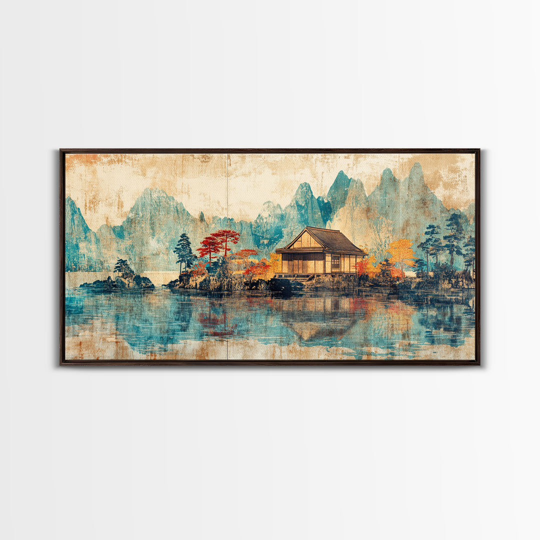 Quiet Lake House With Misty Mountains Framed Canvas Print, Japanese Landscape Wall Art, Japandi Decor, Serene Home Decor