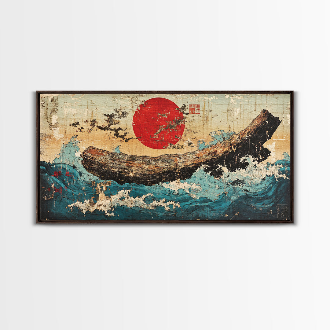 Driftwood Log In Blue Ocean Waves Canvas Print, Japanese Nautical Wall Art, Rustic Coastal Decor, Modern Seascape Art Print