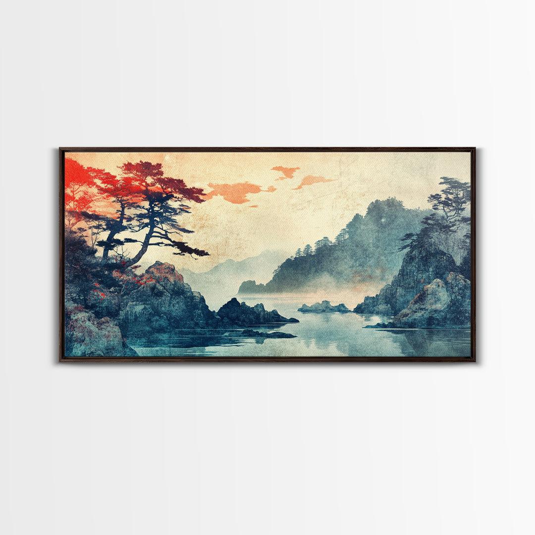 Misty Japanese Cove With Pines Canvas Print, Mountain Lake Landscape Wall Art, Serene Japandi Decor, Large Living Room Art