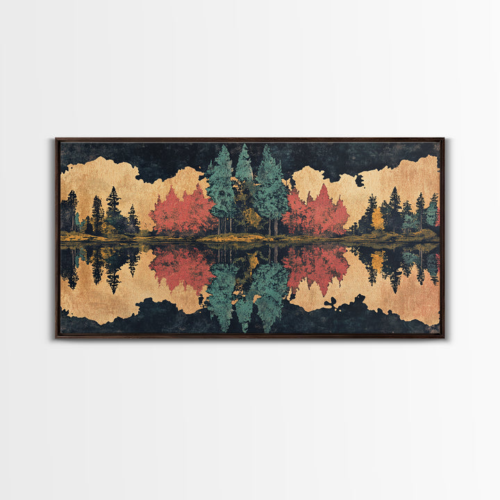 Autumn Forest Lake Reflection Wall Art, Abstract Landscape Print, Panoramic Canvas Decor For Living Room And Cabin, Rustic Home Decor Gift