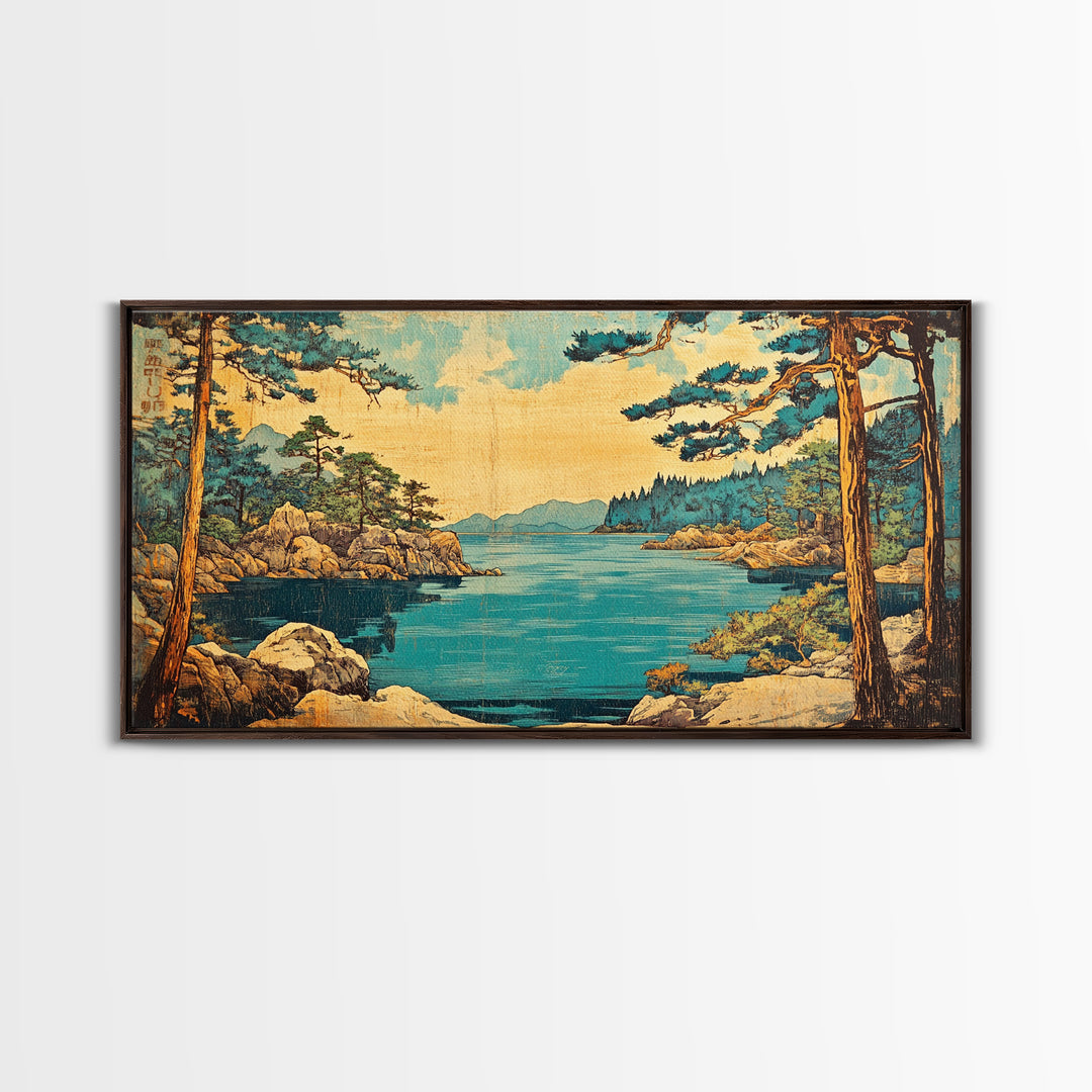 Rocky Pine Coast And Blue Lake Framed Canvas Print, Japanese Landscape Wall Art, Coastal Nature Decor For Living Room, Beach House Gift