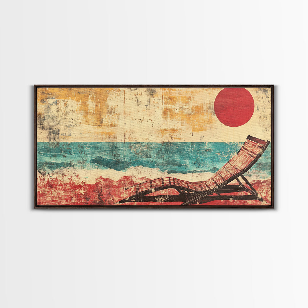 Red Sun Beach Chair Canvas Print, Coastal Wall Art, Ocean Waves Poster, Summer Beach House Decor For Bedroom And Living Room