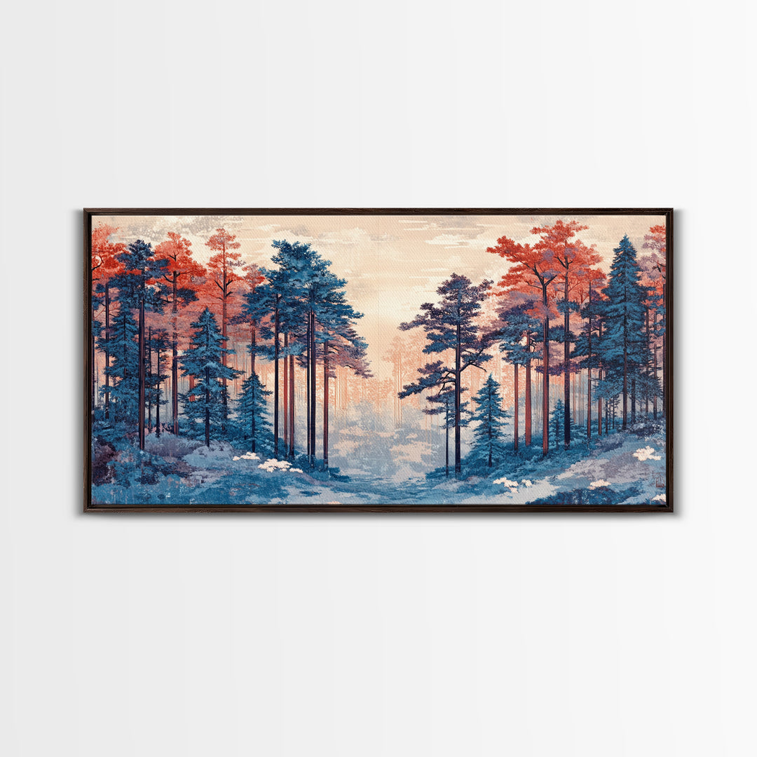 Misty Blue Pine Forest With Coral Autumn Trees Wall Art, Nature Landscape Print, Scandinavian Decor, Cozy Bedroom Wall Decor