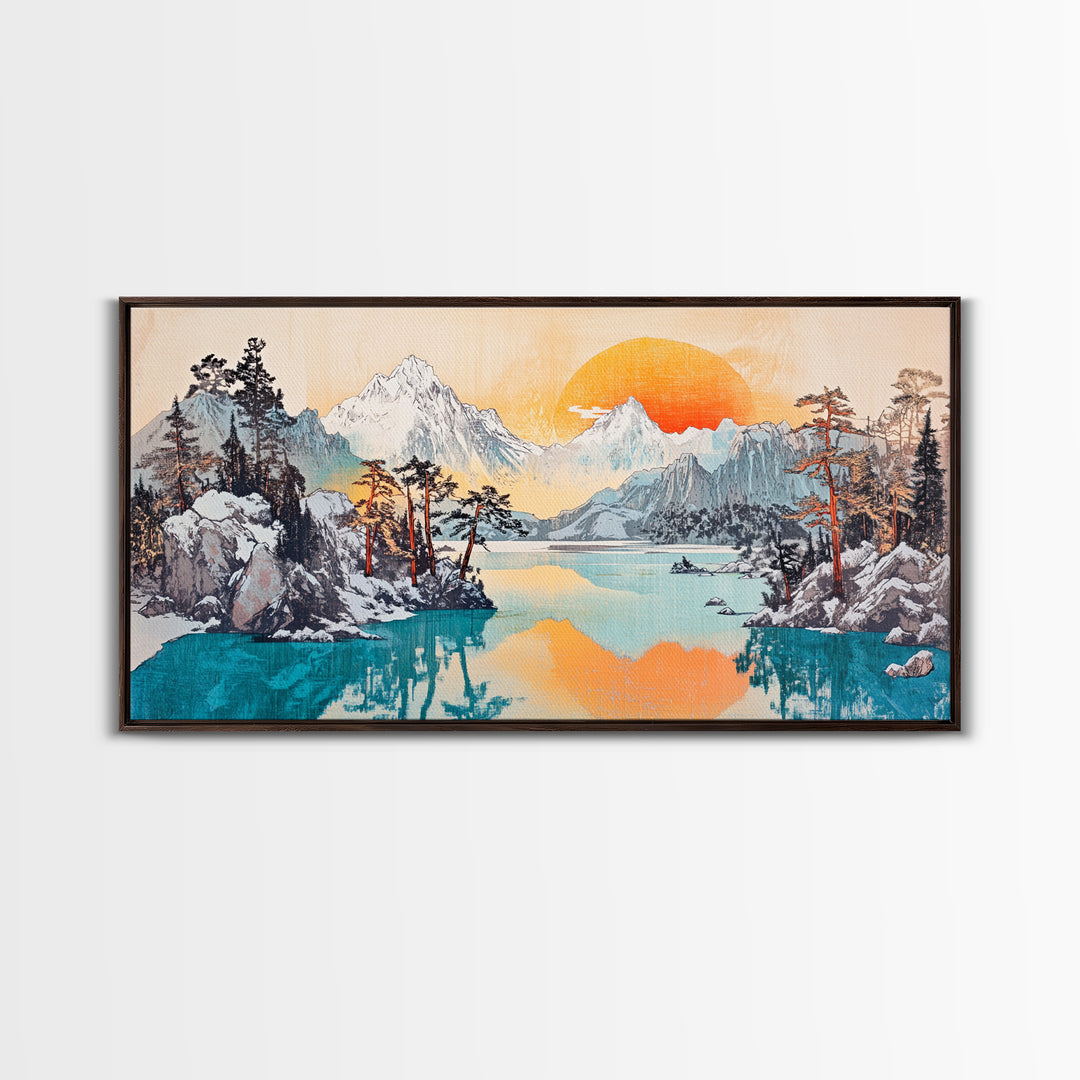Serene Alpine Lake With Snowy Peaks And Orange Sun Framed Canvas Print, Mountain Wall Art, Japandi Nature Living Room Home Decor