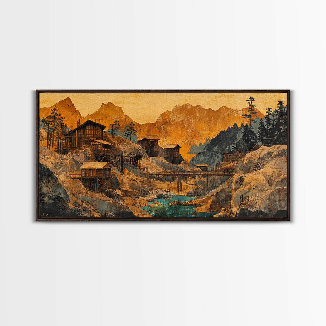 Rustic Mountain Mining Village Framed Canvas Print, Japanese Landscape Wall Art, Cabin Decor, Office Decor, Housewarming Gift
