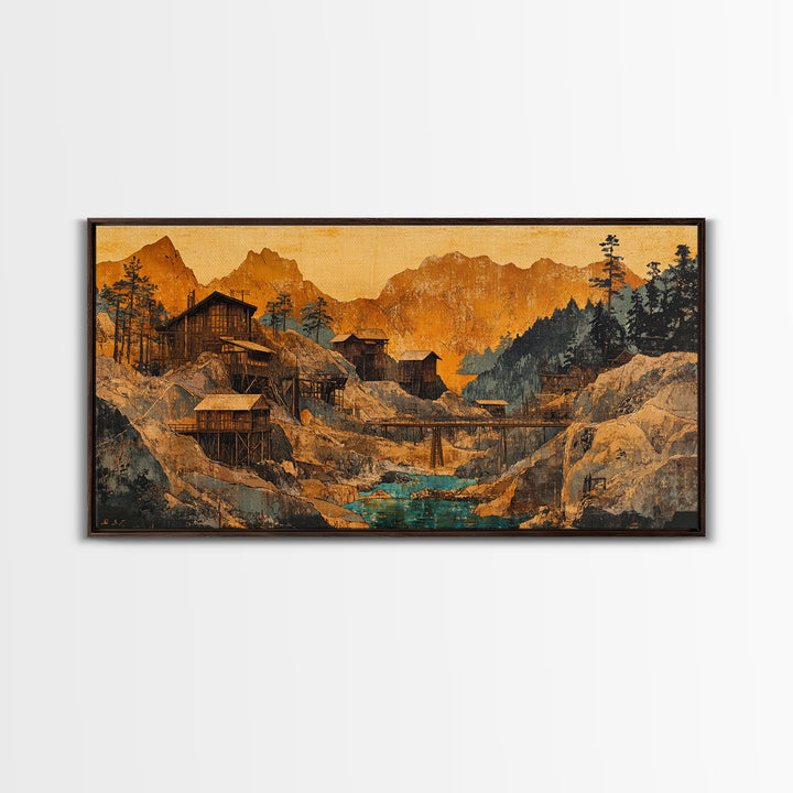 Rustic Mountain Mining Village Framed Canvas Print, Japanese Landscape Wall Art, Cabin Decor, Office Decor, Housewarming Gift