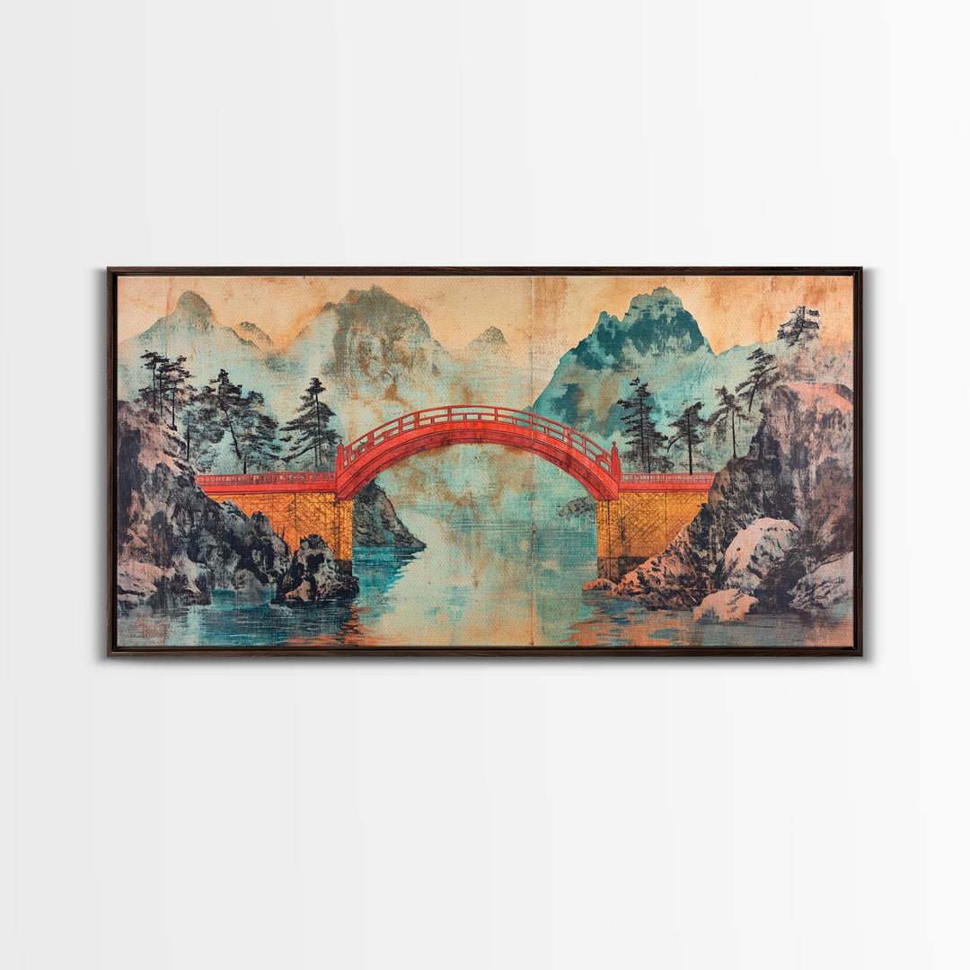 Red Arch Bridge Mountain Lake Canvas Print, Japanese Wall Art, Serene Landscape Art, Zen Home Decor, Living Room Wall Decor