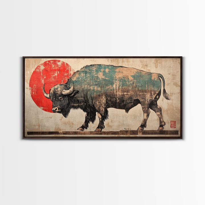Walking Bison Red Sun Canvas Print, Western Wall Art, Buffalo Art Print, Rustic Home Decor, Masculine Office Wall Decor, Gift For Him
