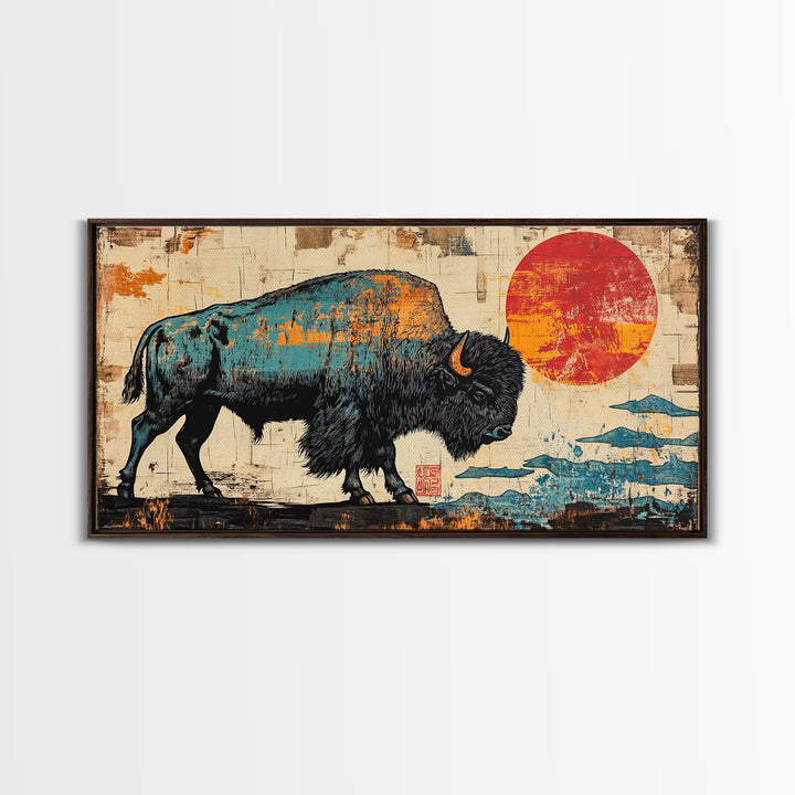 Textured Bison Red Sun Framed Canvas Print, Western Wall Art, Buffalo Wall Decor, Rustic Farmhouse Decor, Gift For Him, Office Decor