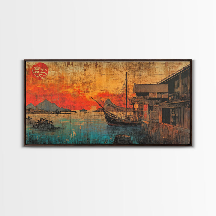 Sunset Harbor Boat Village Canvas Print, Japanese Coastal Wall Art, Nautical Decor, Travel Poster, Living Room Wall Decor