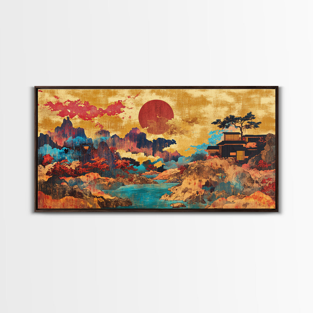 Red Sun Mountain River Wall Art, Japanese Landscape Canvas, Asian Inspired Decor, Panoramic Print, Living Room Decor, Modern Home Decor