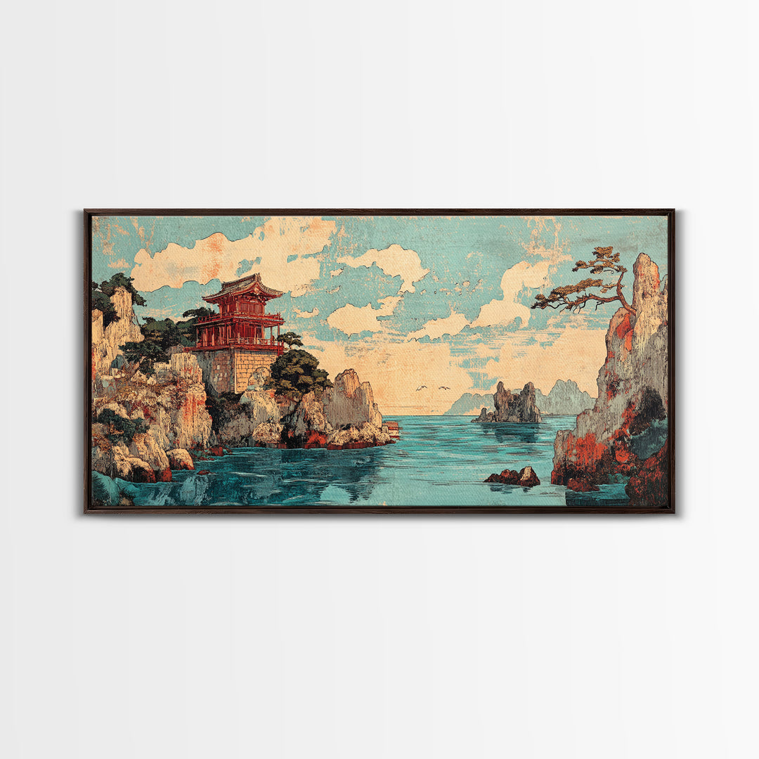 Clifftop Pagoda Ocean Canvas Print, Japanese Coastal Landscape Wall Decor, Asian Inspired Art, Travel Poster, Home Decor Art Print