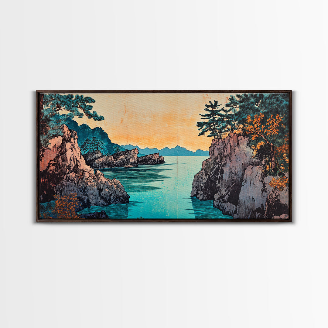 Rocky Pine Sea Inlet Framed Canvas Print, Japanese Coastal Wall Art, Autumn Landscape, Modern Living Room Decor, Home Decor
