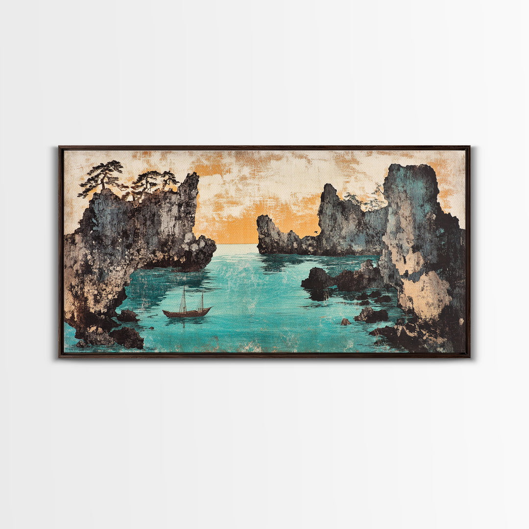 Turquoise Cove And Sailboat Wall Art, Japanese Seascape Print, Coastal Wall Decor, Panoramic Canvas Home Decor, Living Room Decor