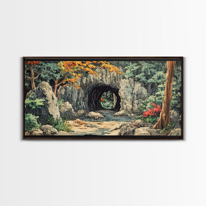Stone Moon Gate Garden Canvas Print, Japanese Forest Stream Wall Art, Zen Home Decor, Japandi Living Room Wall Decor Art Print