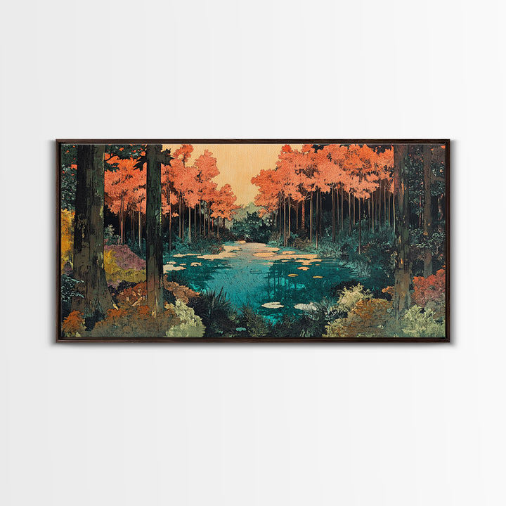 Autumn Forest Pond Canvas Print, Orange Trees And Lily Pads Wall Art, Japandi Nature Decor, Cozy Living Room Decor, Home Decor