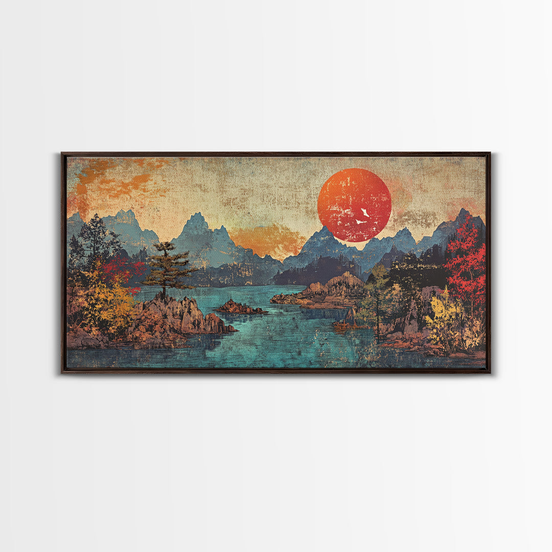 Red Sun Mountain Lake Wall Art, Japanese Landscape Print, Panoramic Canvas, Moody Nature Decor, Living Room Decor, Home Decor