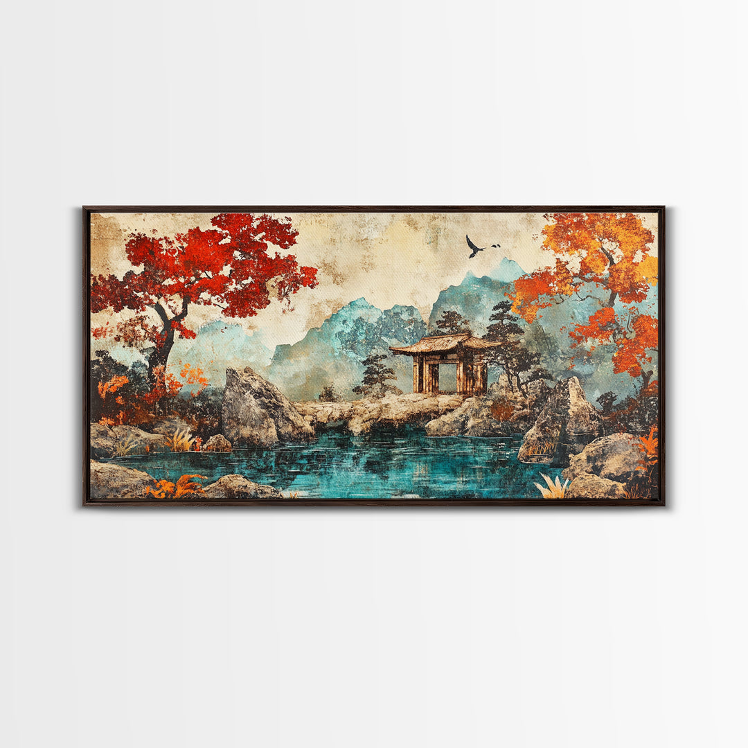 Red Maple Lake Pavilion Framed Canvas Print, Japanese Garden Wall Art, Asian Landscape Decor, Living Room Wall Decor Art Print