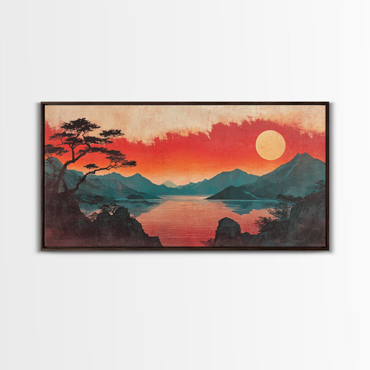 Crimson Sunset Mountain Lake Canvas Print, Japanese Landscape Wall Art, Red Sky Decor, Panoramic Living Room Decor, Home Decor