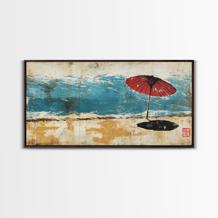 Red Beach Umbrella By Turquoise Waves Wall Art, Japanese Coastal Canvas Print, Beach House Decor, Ocean Wall Decor Gift For Her