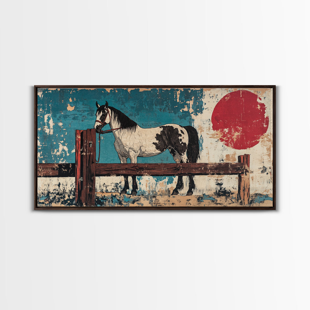 Black And White Paint Horse With Red Sun Wall Art, Western Equestrian Canvas Print, Rustic Farmhouse Decor, Horse Lover Gift