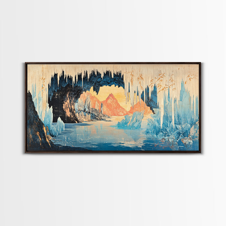 Glowing Ice Cave With Frozen Lake Wall Art, Arctic Landscape Canvas Print, Blue Mountain Decor, Fantasy Nature Art Gift Idea