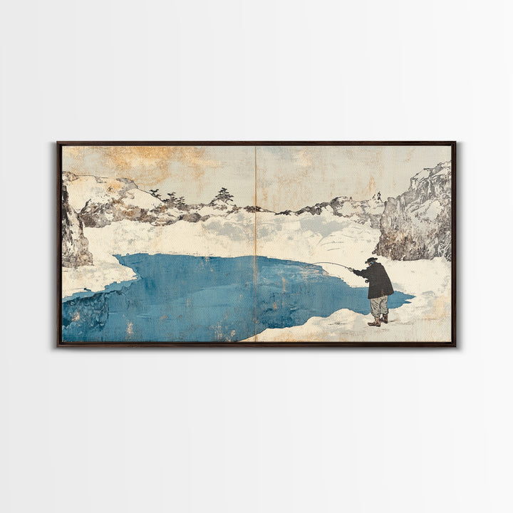 Lone Traveler Beside Snowy Blue Lake Wall Art, Japanese Landscape Canvas Print, Minimalist Winter Decor, Zen Home Decor Gift