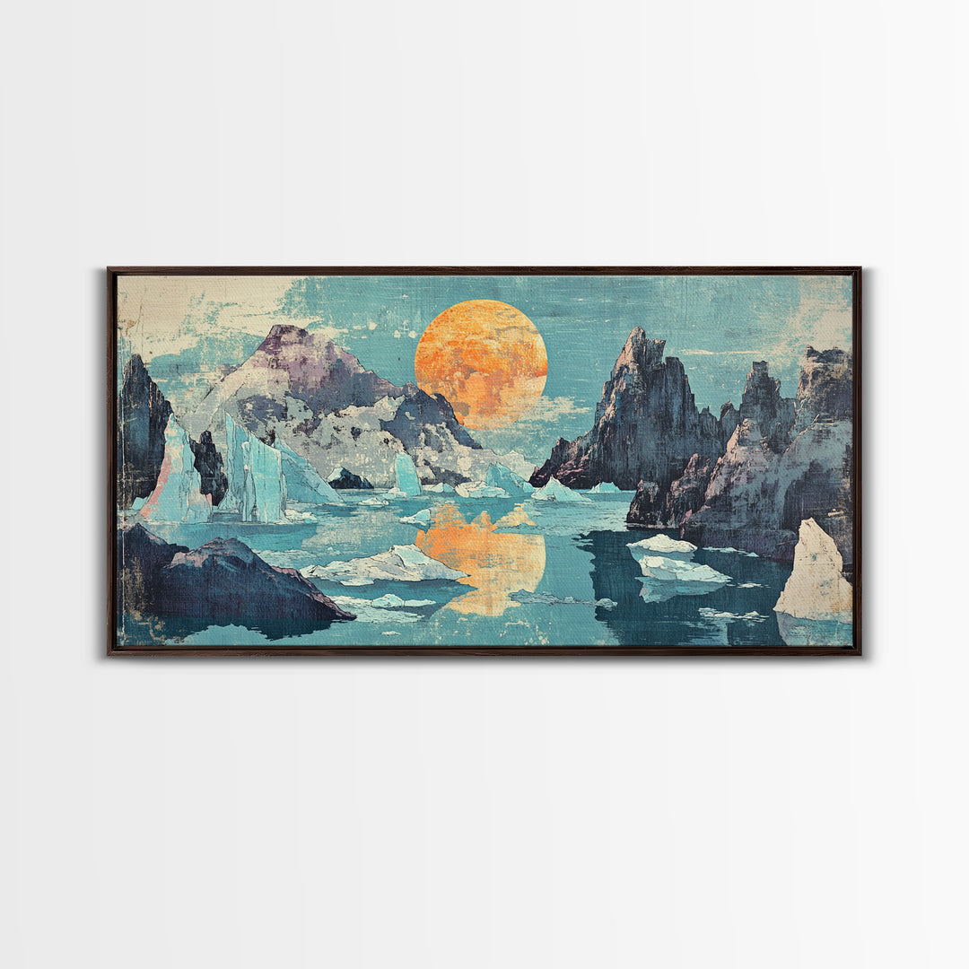 Orange Sun Over Icy Mountain Lake Wall Art, Abstract Landscape Canvas Print, Japandi Coastal Decor, Large Living Room Art