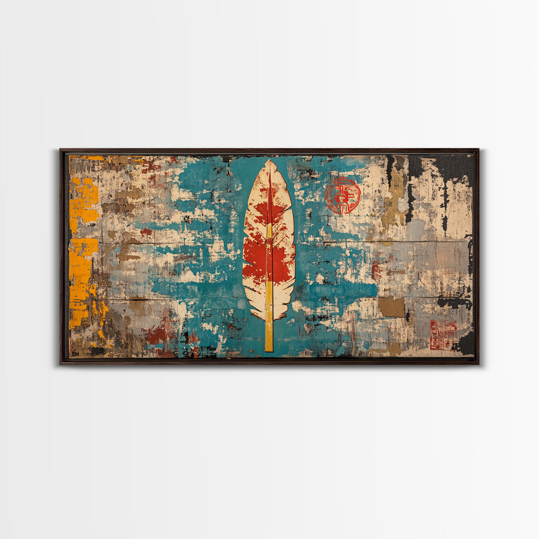 Red Feather On Turquoise Distressed Wall Art, Tribal Boho Canvas Print, Rustic Southwestern Decor, Unique Wall Decor Gift