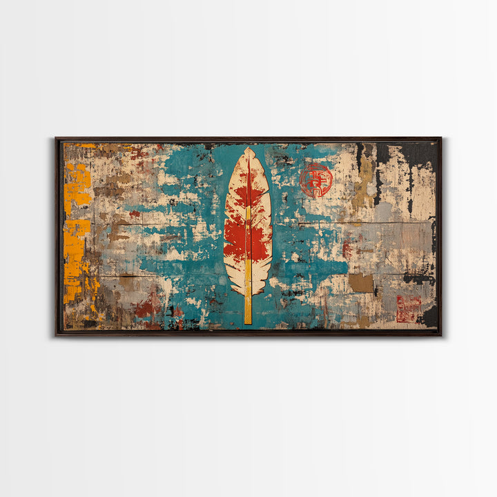 Red Feather On Turquoise Distressed Wall Art, Tribal Boho Canvas Print, Rustic Southwestern Decor, Unique Wall Decor Gift