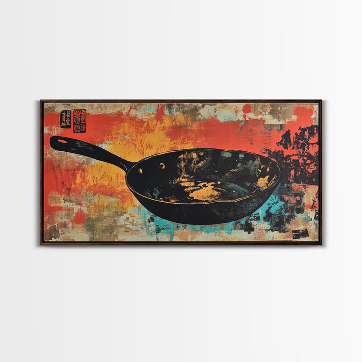 Black Wok Pan On Red Teal Background Wall Art, Kitchen Canvas Print, Rustic Food Decor, Dining Room Wall Decor Gift For Chef