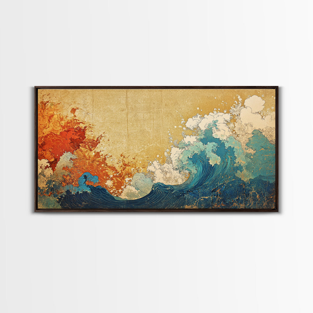 Fiery Orange And Blue Japanese Wave Canvas Print, Ocean Wall Art, Abstract Seascape For Coastal Home Decor And Living Room Decor